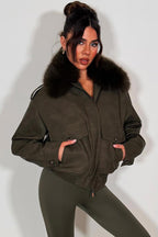 Faux Suede Faux Fur Collar Jacket Khaki