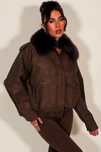 Faux Suede Faux Fur Collar Jacket Brown