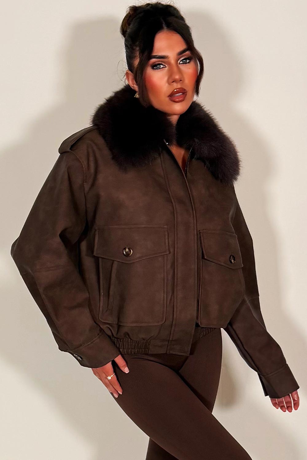 Faux Suede Faux Fur Collar Jacket Brown