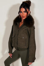 Faux Suede Faux Fur Collar Jacket Khaki