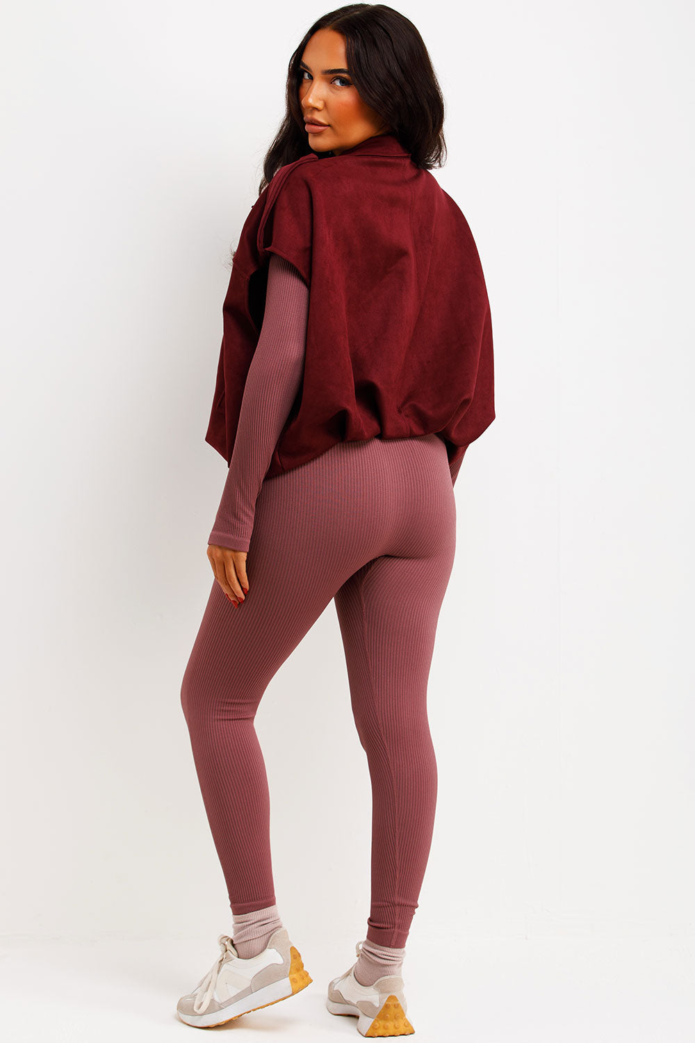 Faux Suede Crop Gilet With Tabs Burgundy