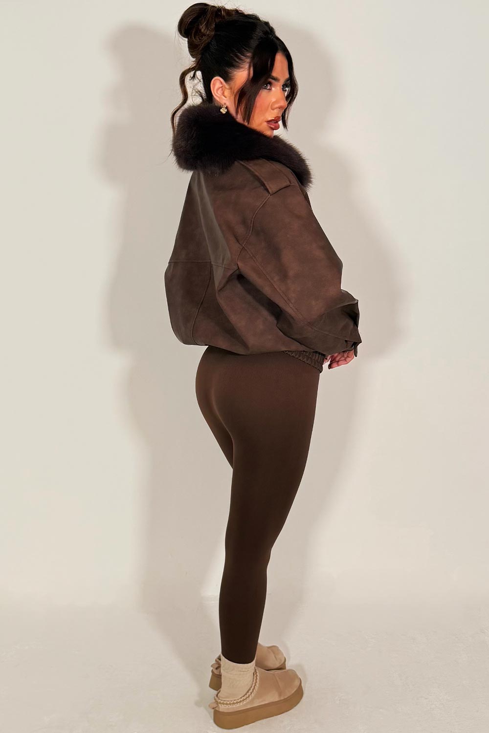 Faux Suede Faux Fur Collar Jacket Brown