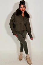 Faux Suede Faux Fur Collar Jacket Khaki