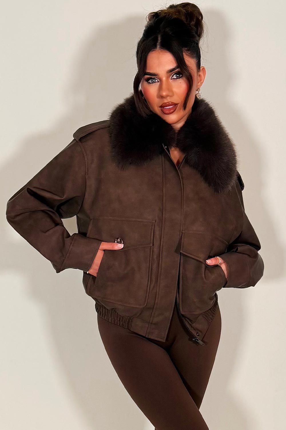 Faux Suede Faux Fur Collar Jacket Brown