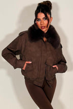Faux Suede Faux Fur Collar Jacket Brown