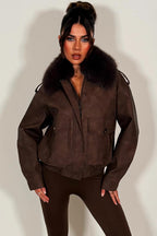 Faux Suede Faux Fur Collar Jacket Brown