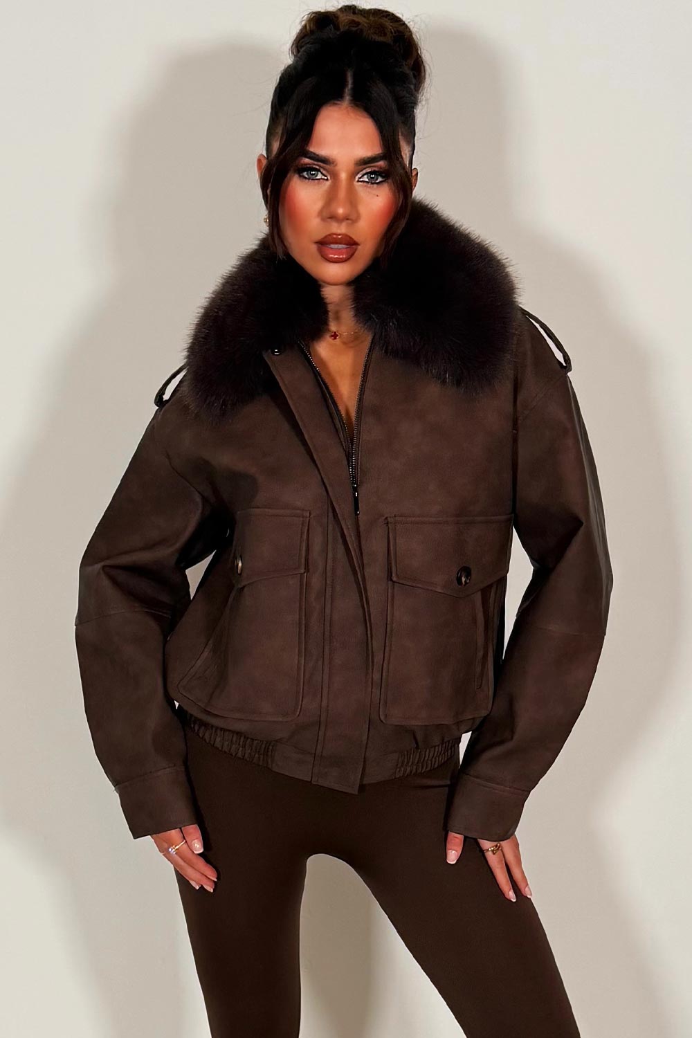Faux Suede Faux Fur Collar Jacket Brown