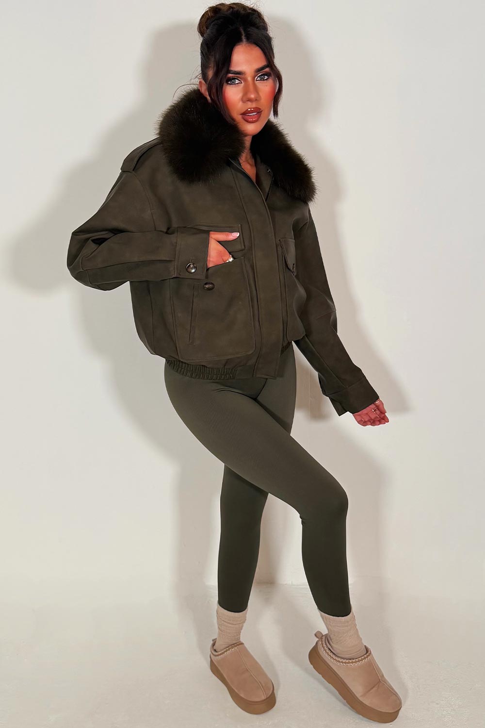Faux Suede Faux Fur Collar Jacket Khaki