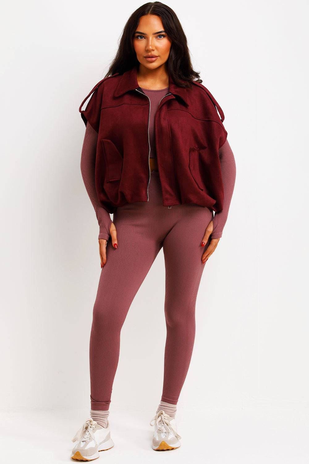 Faux Suede Crop Gilet With Tabs Burgundy