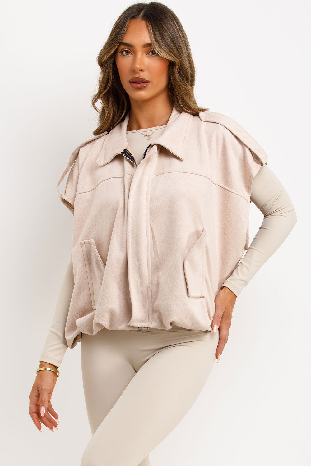 Faux Suede Crop Gilet With Tabs Beige