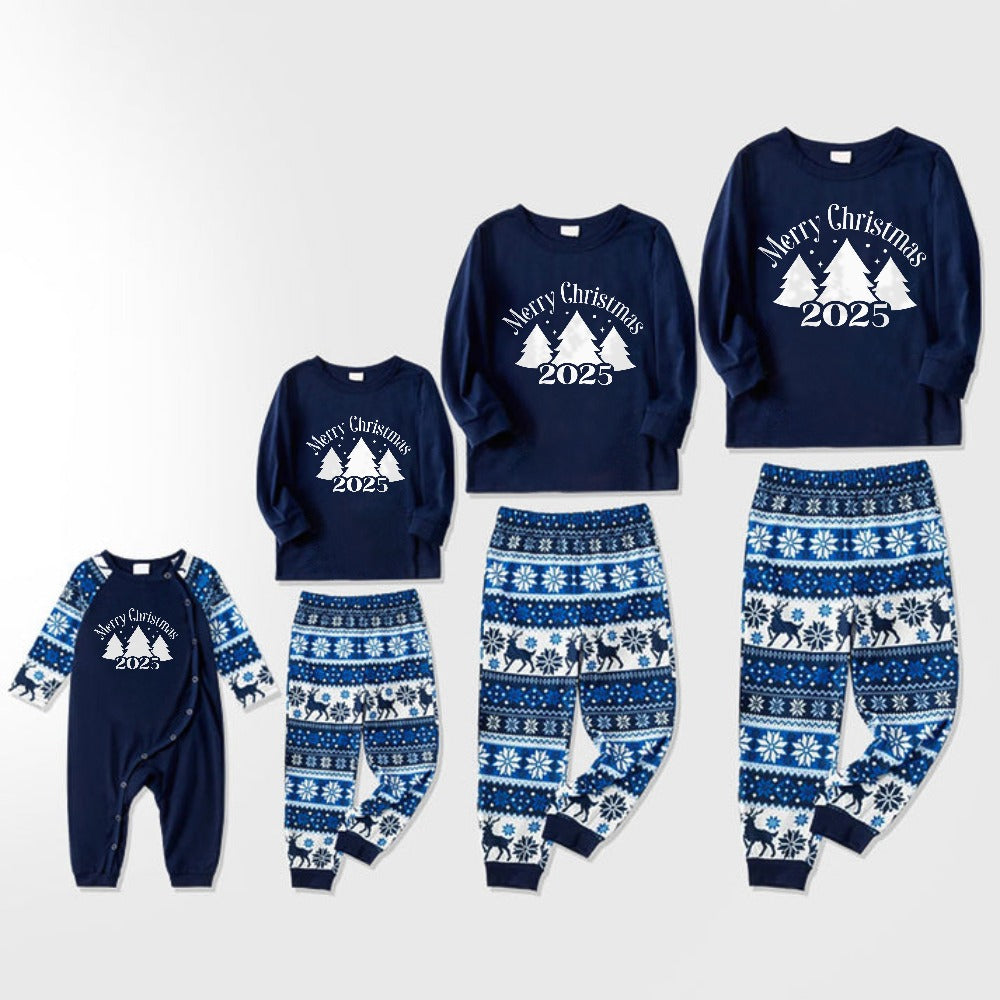 Joyful Blue Christmas Pajamas Set with Christmas Tree and Slogan Designs