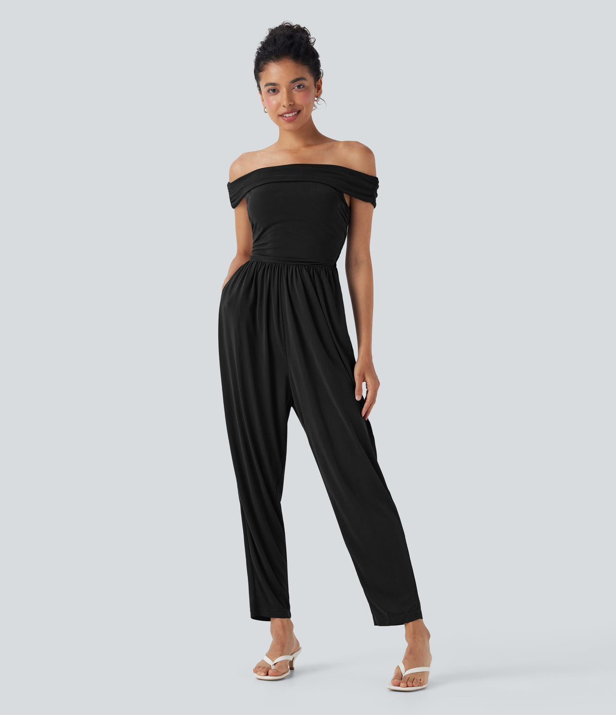 Off Shoulder Back Zipper Casual Jumpsuit with Pockets-Easy Peezy