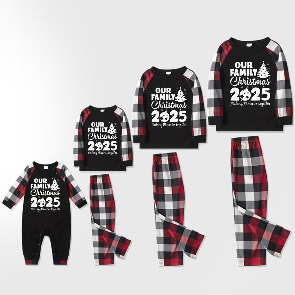 Christmas Tree & "2025 Making Memories Together" Patterned Plaid Sleeve Contrast Tops and Red & Black & White Plaid Pants Family Matching Pajamas Set With Dog Bandana