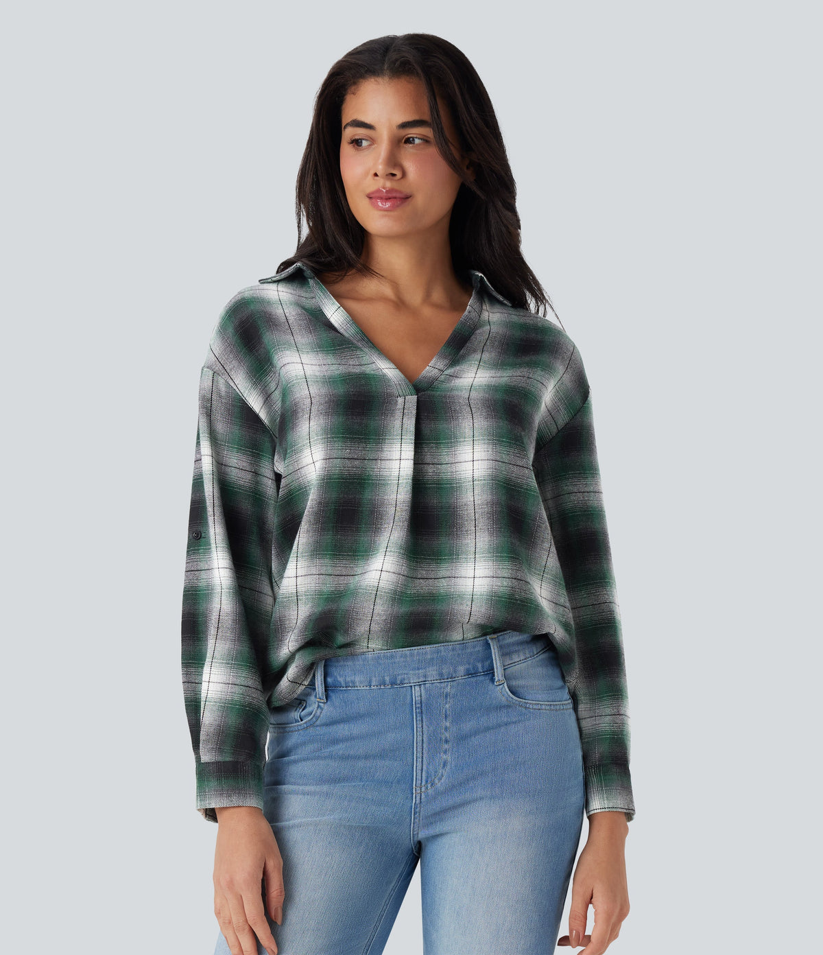 V Neck Curved Hem Plaid Casual Blouse