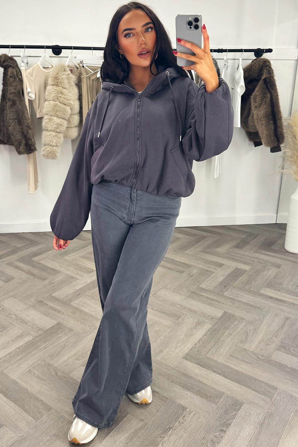 Hooded Jacket With Elastic Hem Charcoal