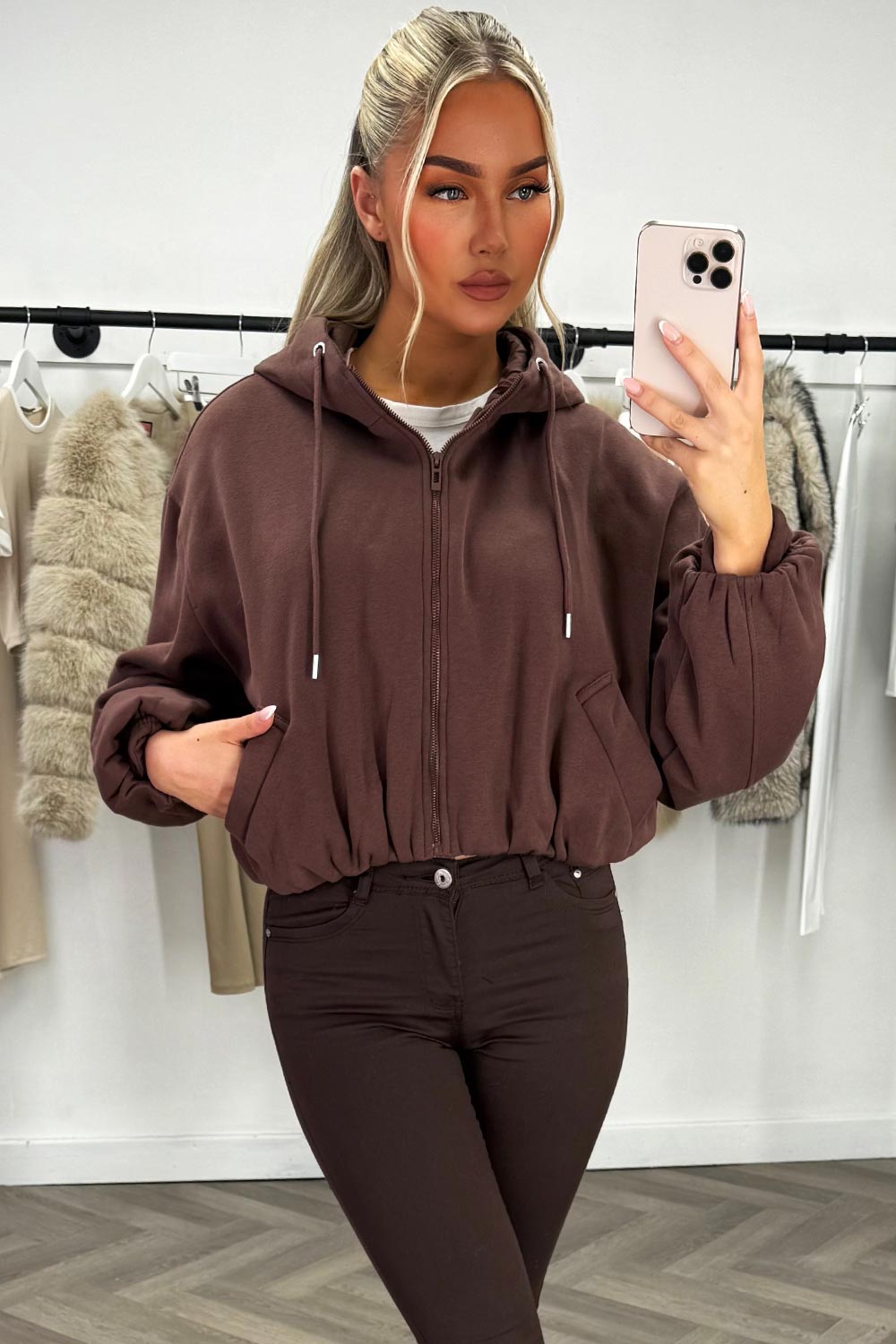 Hooded Jacket With Elastic Hem Brown