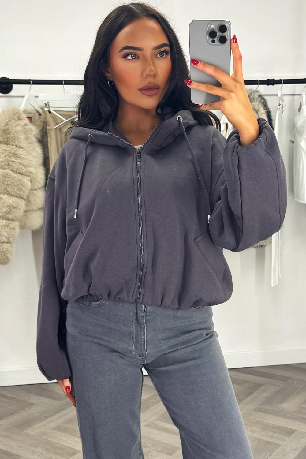 Hooded Jacket With Elastic Hem Charcoal