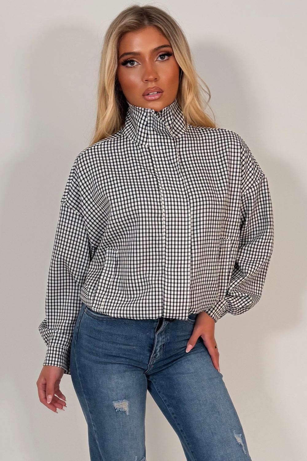 Checked Jacket With Drawstring Hem Black & White