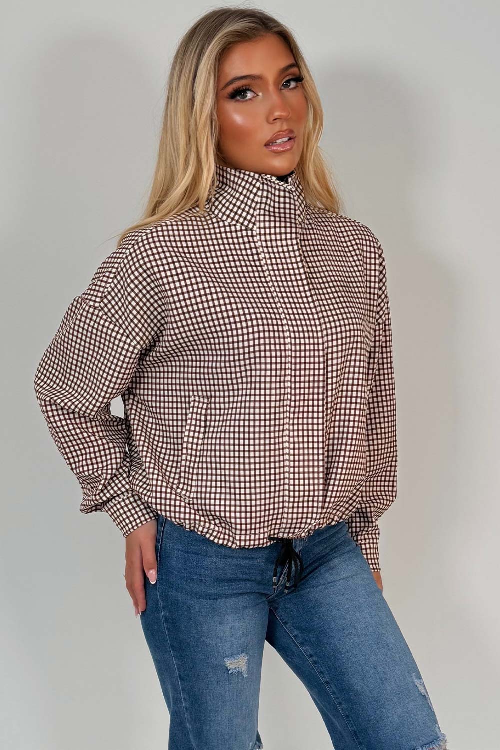 Brown Checked Jacket With Drawstring Hem