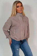 Brown Checked Jacket With Drawstring Hem