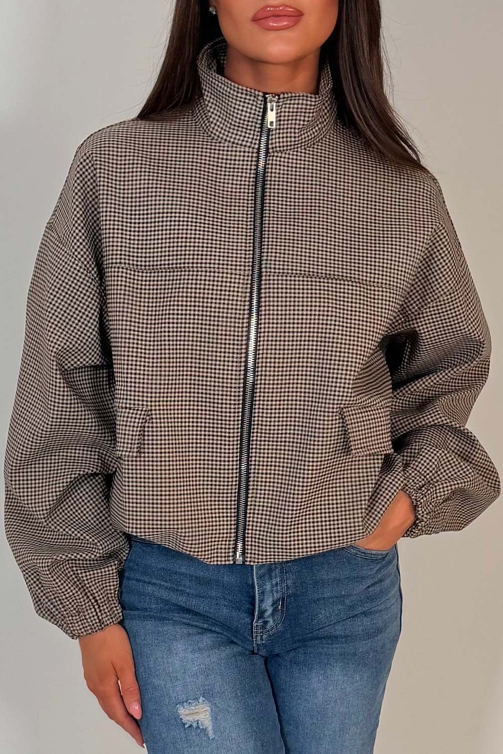 Checkered Bomber jacket With Collar Beige