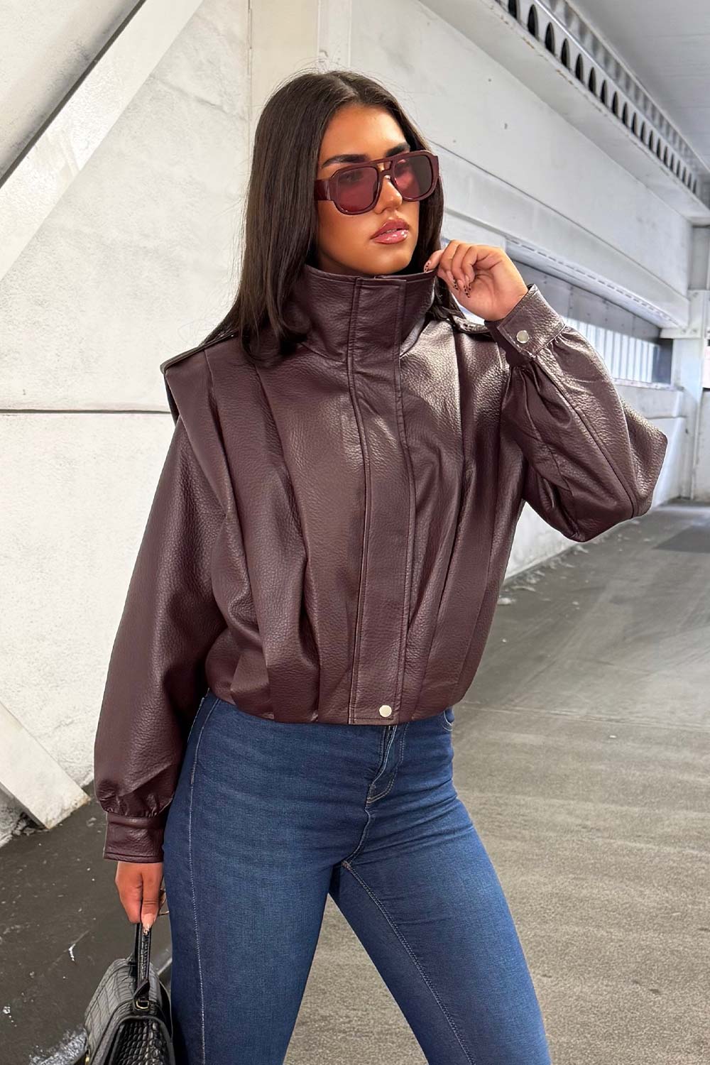 Burgundy Faux Leather Funnel Neck Bomber Jacket
