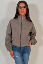 Checkered Bomber jacket With Collar Beige