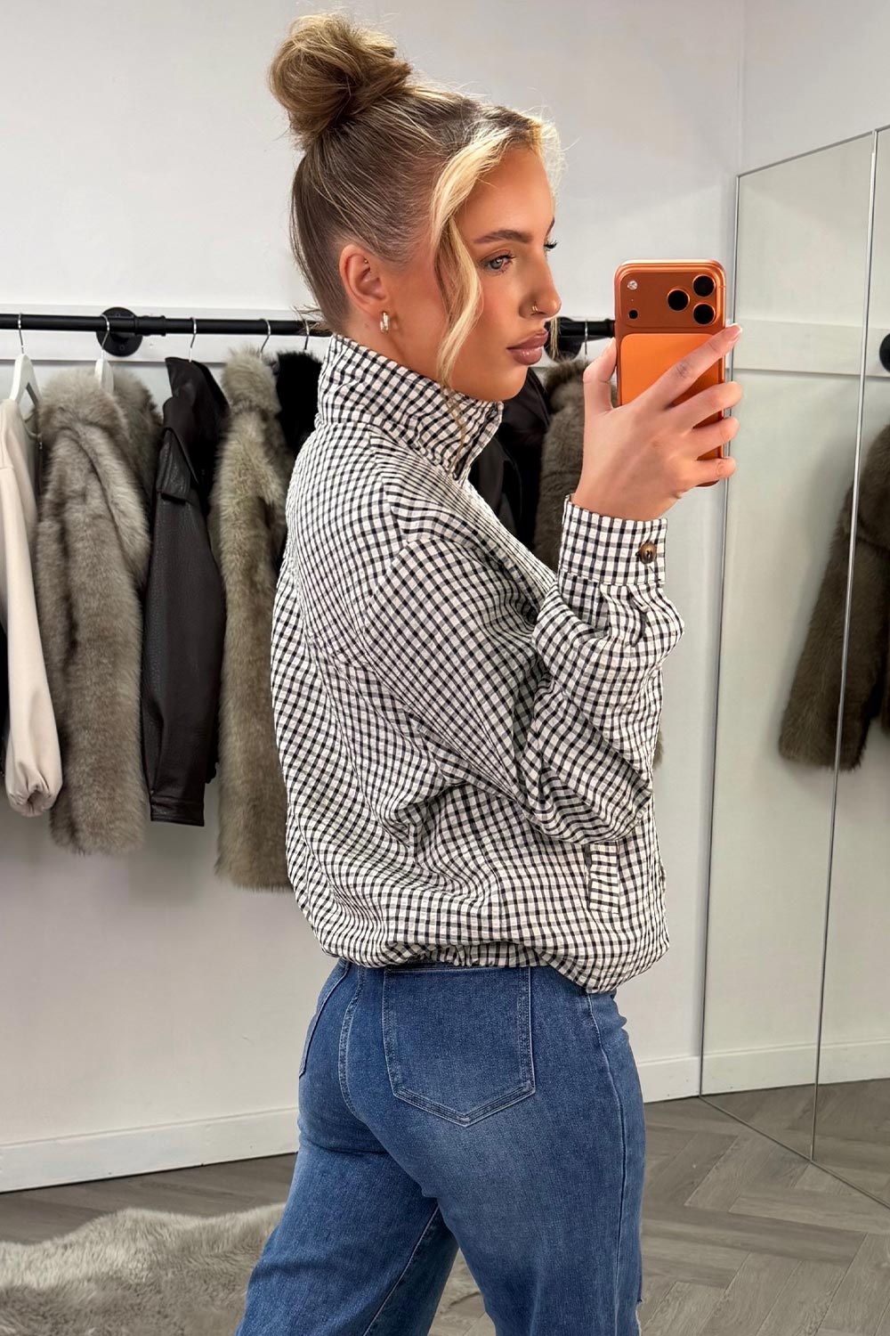 Oversized Check Print Jacket Long Sleeves