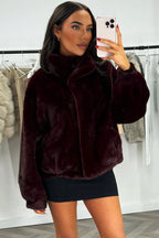 Funnel Neck Faux Fur Jacket Burgundy