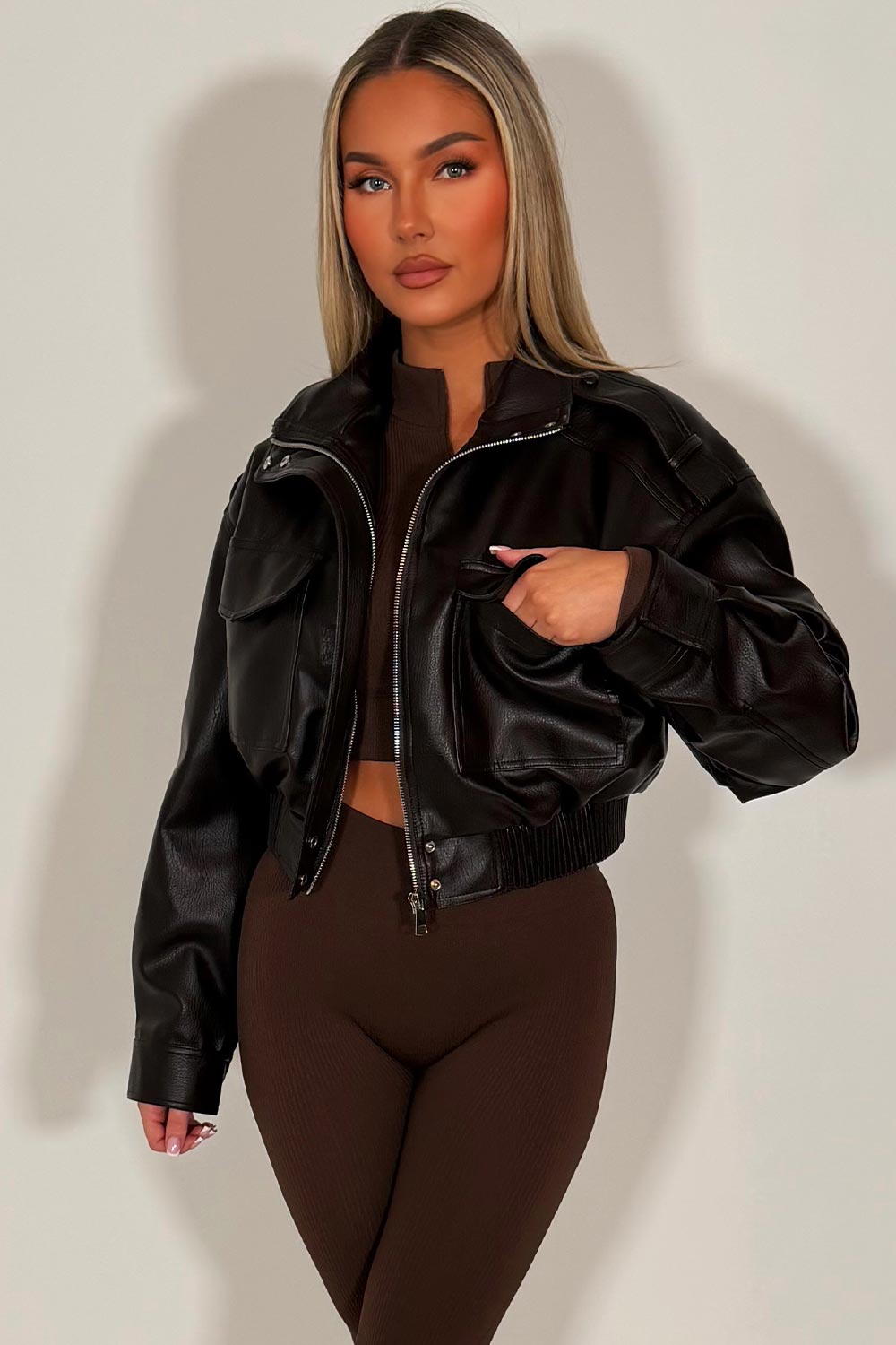 Faux Leather Jacket With Shoulder Tabs Brown