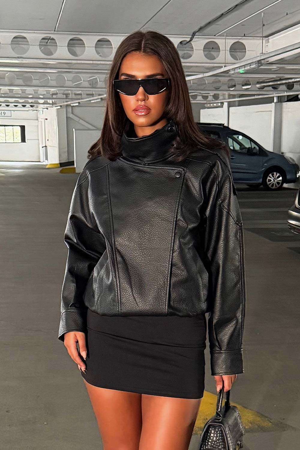 Black Faux Leather Funnel Neck Jacket
