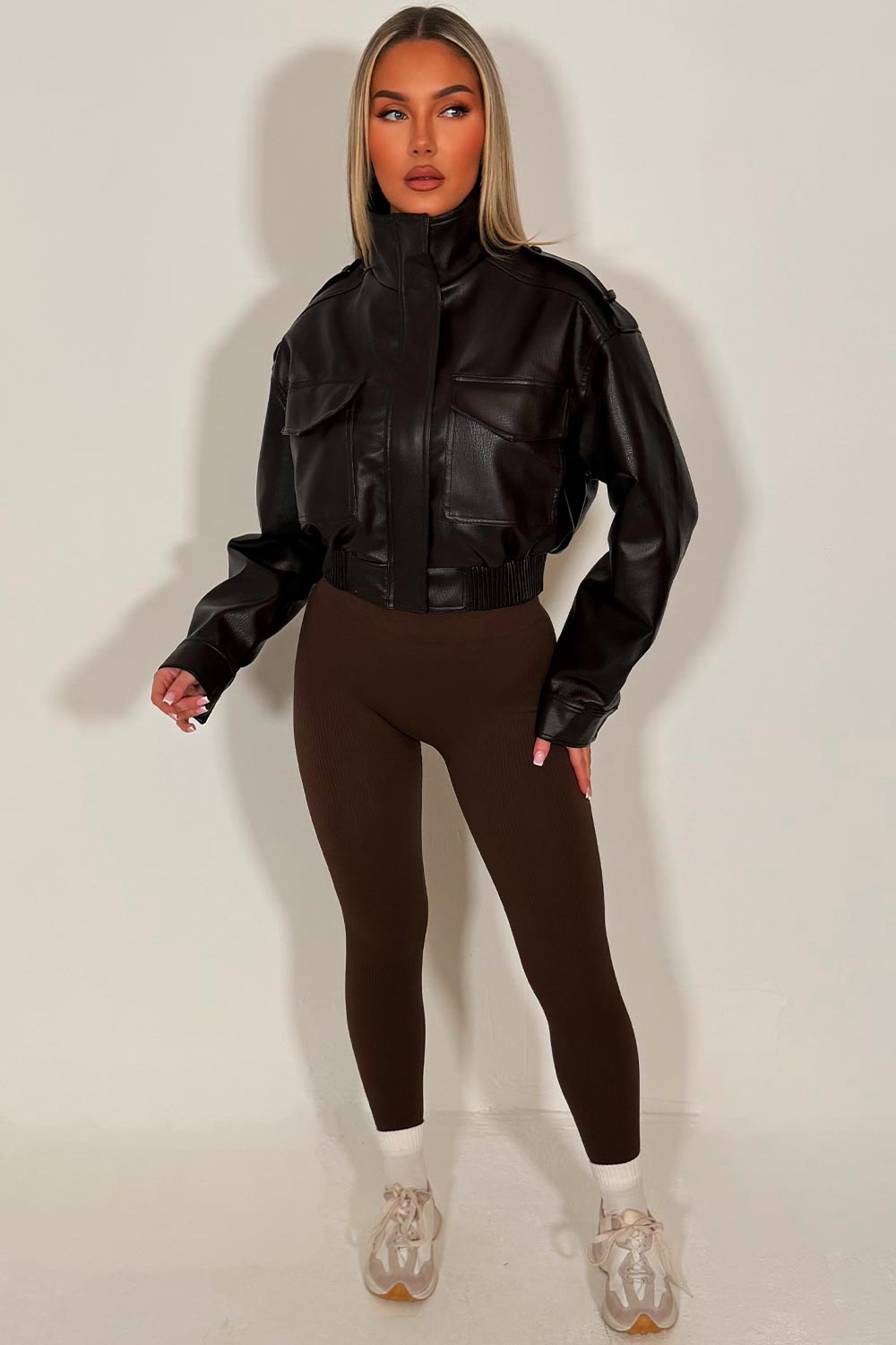 Faux Leather Jacket With Shoulder Tabs Brown