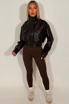 Faux Leather Jacket With Shoulder Tabs Brown