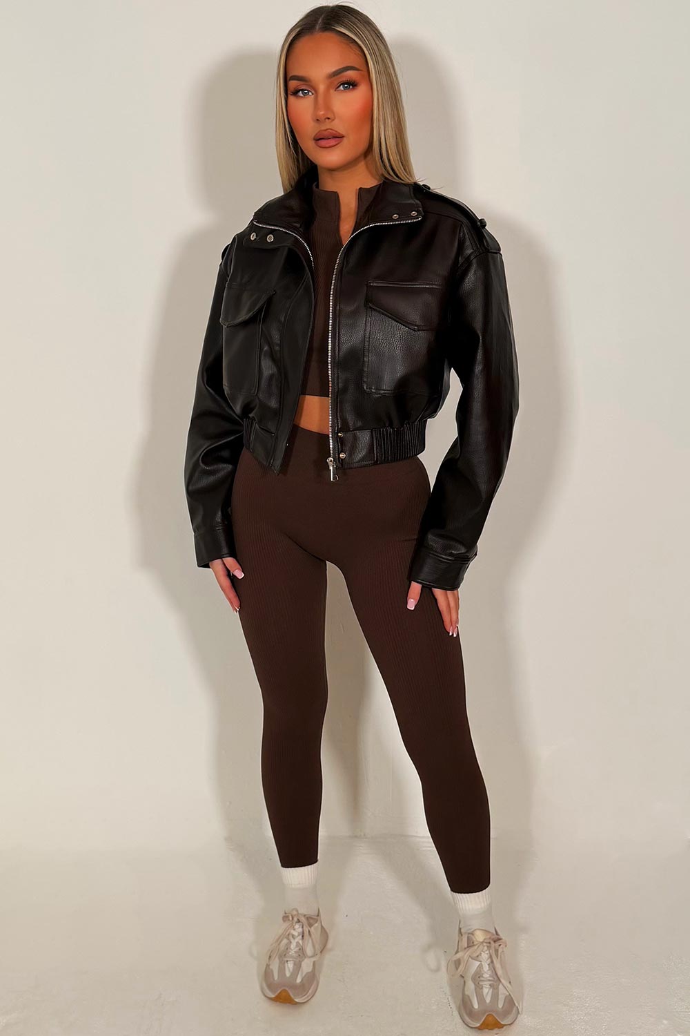 Faux Leather Jacket With Shoulder Tabs Brown