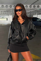 Black Faux Leather Funnel Neck Jacket