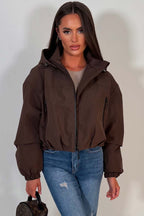 Brown Crop Padded Jacket With Hood