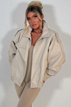 Faux Leather Funnel Neck Jacket Beige