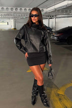 Black Faux Leather Funnel Neck Jacket