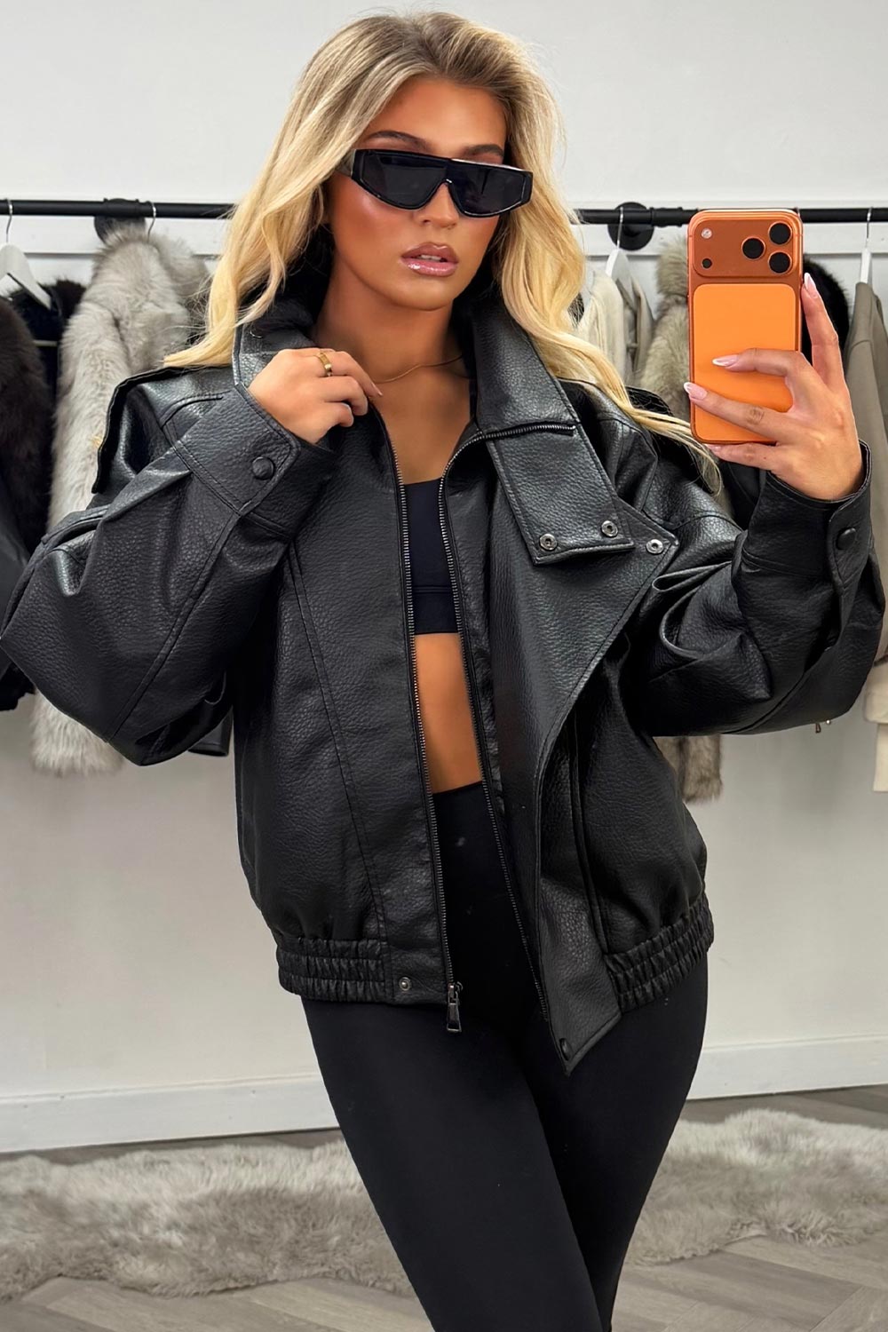 Black Faux Leather Funnel Neck Jacket