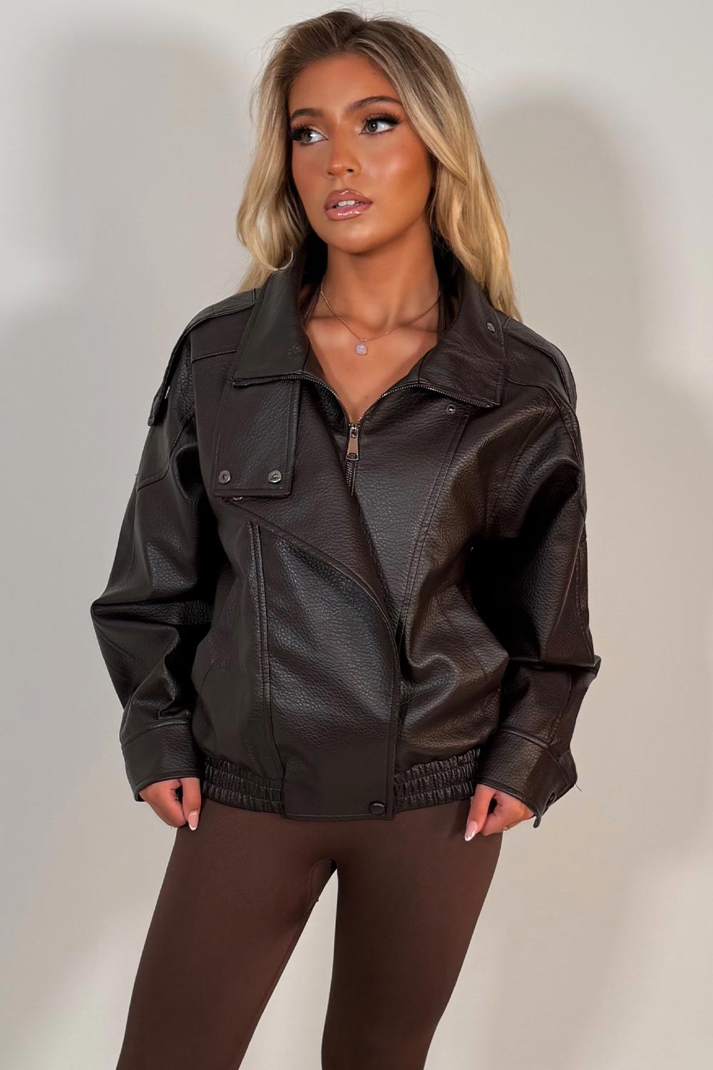 Faux Leather Funnel Neck Jacket Brown