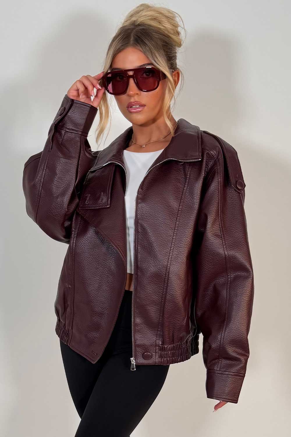 Faux Leather Funnel Neck Jacket Burgundy