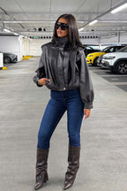 Brown Faux Leather Funnel Neck Bomber Jacket
