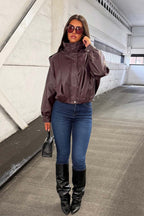 Burgundy Faux Leather Funnel Neck Bomber Jacket