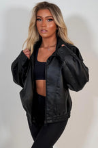 Black Faux Leather Funnel Neck Jacket