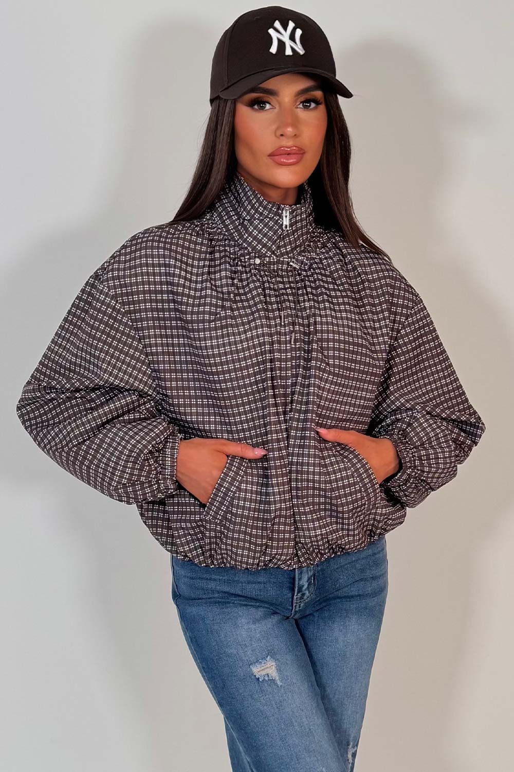 Check Jacket With Funnel Neck