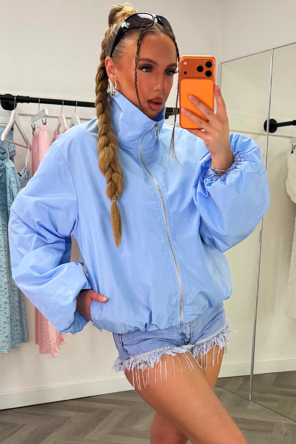 Funnel Neck Jacket Windbreaker Sky Blue