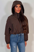 Brown Crop Padded Jacket With Hood