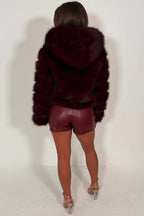 Burgundy Faux Fur Jacket With Hood