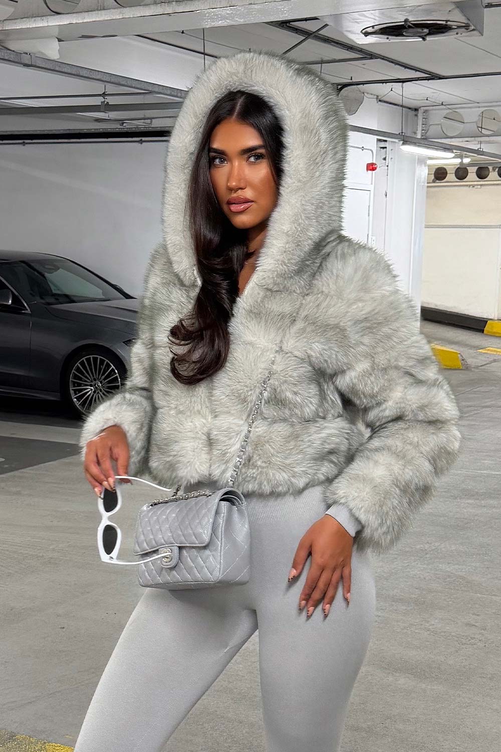 Grey Faux Fur Jacket With Hood