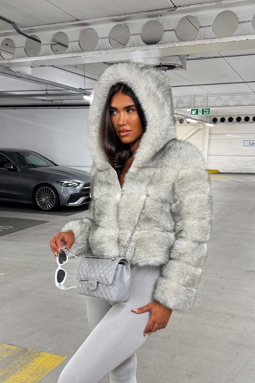 Grey Faux Fur Jacket With Hood